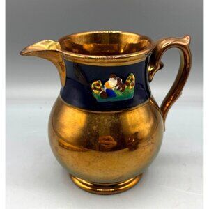Antique Copper Lusterware Pitcher Hand Painted Dog Man Blue